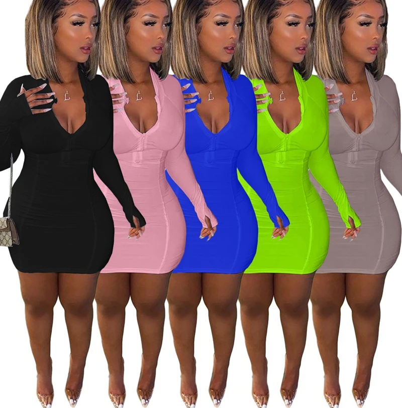 

Neon Green Summer Bodycon Dress Women Long Sleeve Pink Solid Zipper Sexy Wrap Dress Autumn Ladies Short Dresses Vestidos
