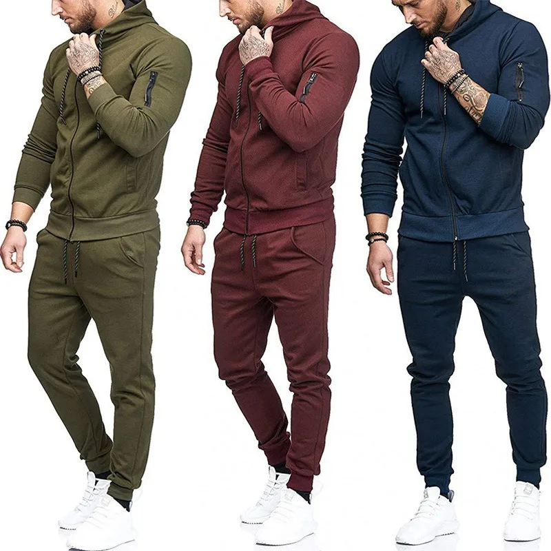 

Fall new style solid color sport full zipper tapered sweat set jogging wear men's suit tracksuits sweatsuits with hooded hoodie