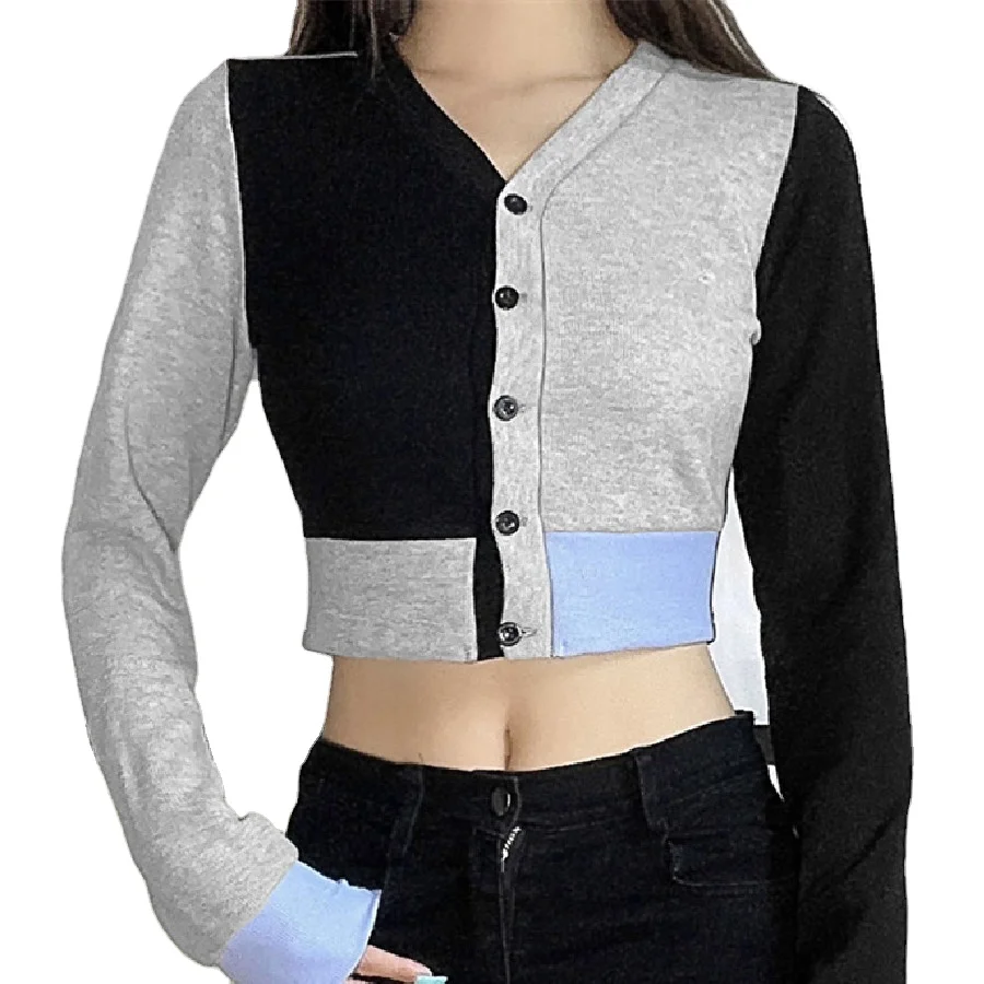 

Nibber K21L00655 Bulk Wholesale High Quality Chic Sweatshirt Patchwork Basic Tshirt Long Sleeve Crop Tee Clothing Women Tshirt, Gray