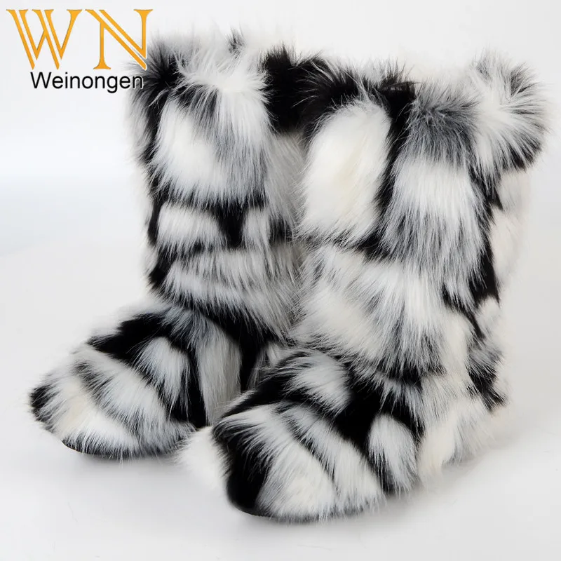 

Winter warm Snow faux fur boots for womens mix color faux fox fur snow ladies fur winter rubber boots for women, As pictures shown or custom