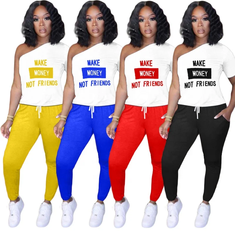 

MT91-6093 Wholesale 2020 new style shirt women unilateral sleeve letter printing casual two-piece suit women