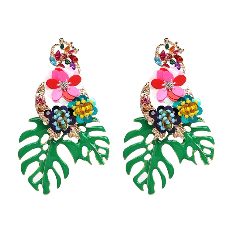 

2020 New Arrival Hawaii Jewelry Dangle Crystal Hawaiian Green Leaf Flower Earrings