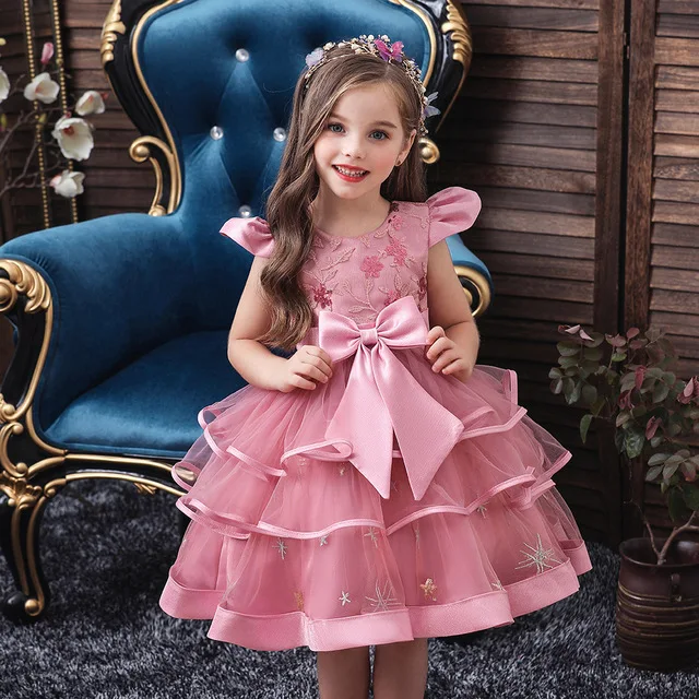 

Girl Embroidered Gown Fresh Flower Princess Wedding chiffon girls' Dress Bow party dress children frocks party dresses