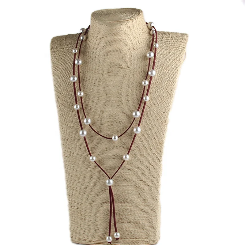 

Fashion Women Pearl Jewelry Long Different Size Plastic Pearl Leather Necklace