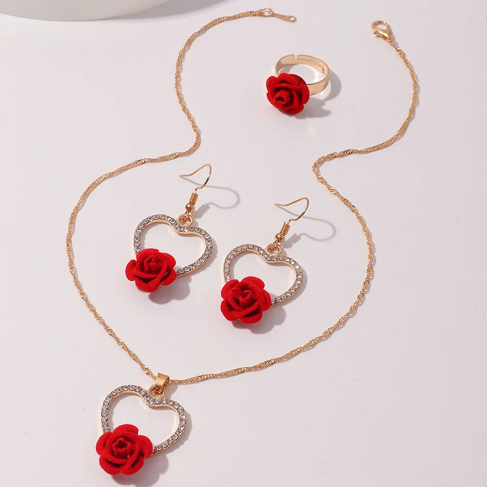 

Wholesale Fashion Red Rose Heart Necklace Earring Ring Rose Quartz Jewelry Set For Women