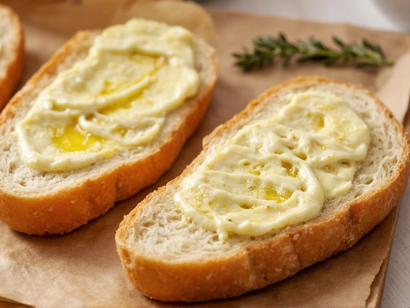 Garlic butter spread on warm crusty bread slices