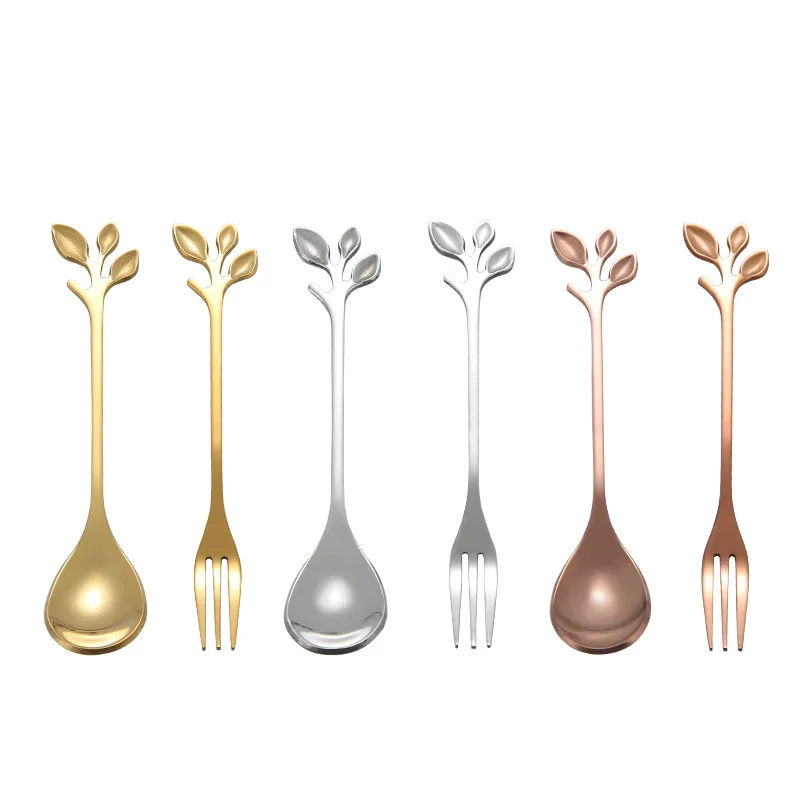 

Food Grade Branch Leaves Mini Spoon Coffee Ice Cream Spoon Stainless Steel Fork And Spoon