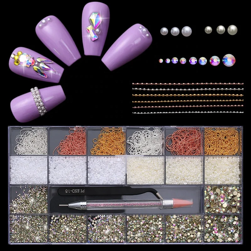 

Wholesales High Quality Nails Metal Chain Plastic Pearl Nail Art Decoration Jewelry Accessories Rhinestone For Nail Art