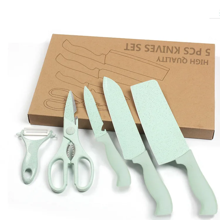 

EVERRICH promotion 5pcs colorful wheat straw knife set - hot sales non-stick kitchen knives set with mail box package