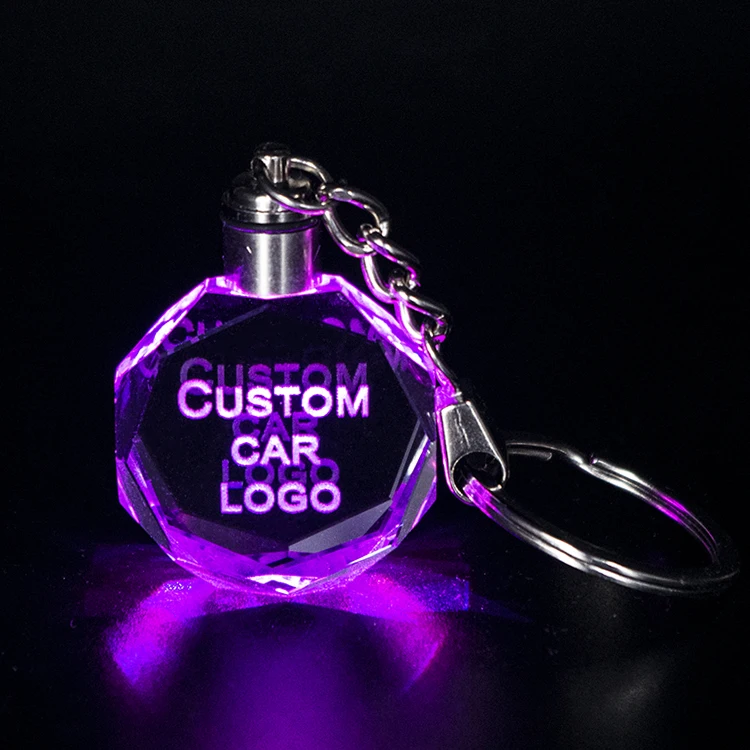

wholesale k9 purple big size crystal glass keychain custom 3d laser engraving LED light logo crystal keychains Ffor giveaways