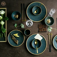 

Modern Design Gold Rim Matte Green Porcelain Tableware Set Brazil Ceramic Dinnerware Sets