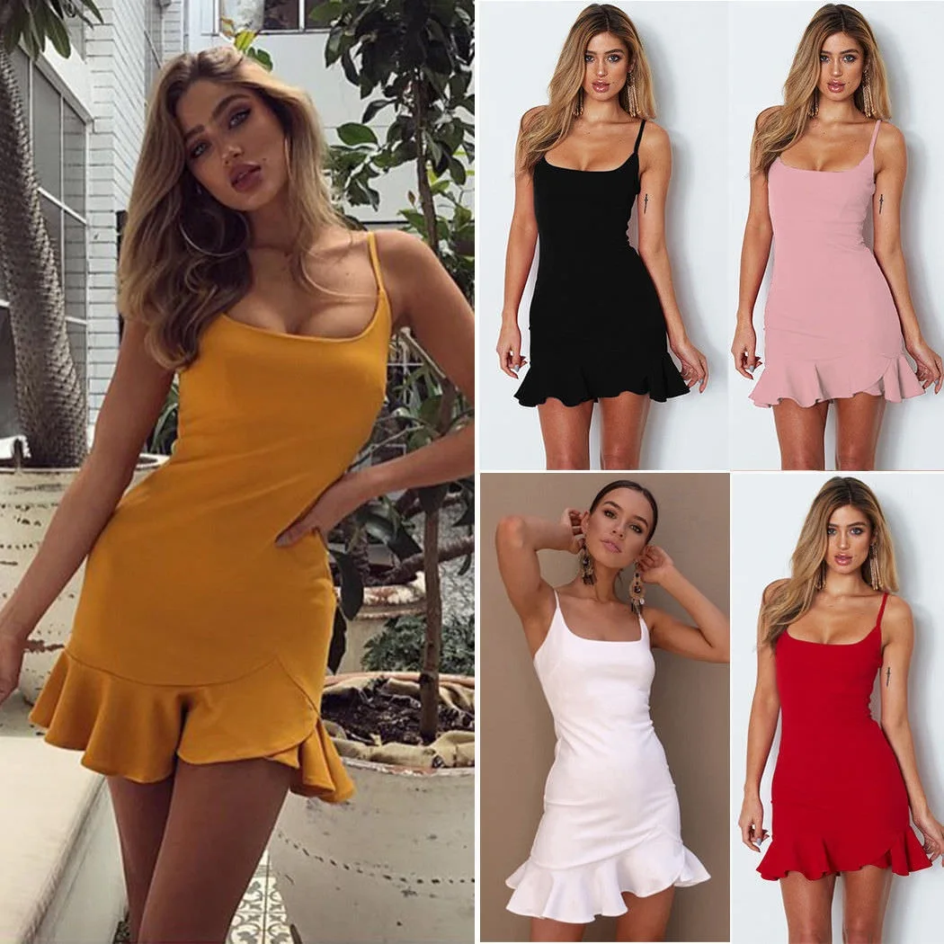 Casual dresses 2019 Women's sexy strap wrap breast show back square collar 100 ruffles dress women summer Summer dresses women