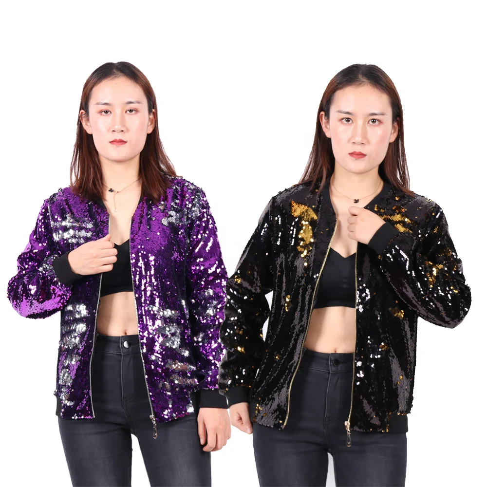 

Apparel Stock Womens Clothing Women Sequin Lightweight Zipper Jacket Top Sequin Long Sleeve Crew Neck Women's Jackets, Picture