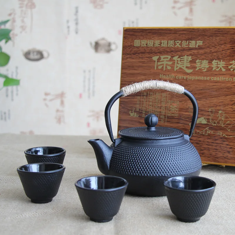

Old style cast iron healthy tea pot and tea cups with gift box, Chinese kongfu tea set for gift and camping, Black