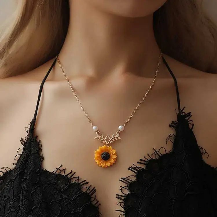 

Delicate Sunflower Necklace Pendant For Women Creative Imitation Pearl Jewelry sweater Accessories Necklace