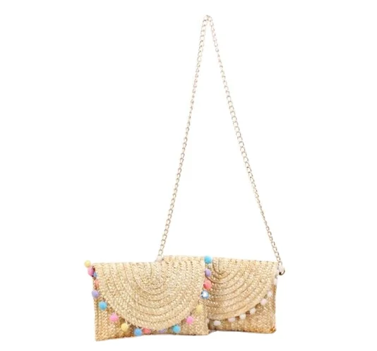 

Fashion Pom Pom Straw Bag Handmade Crossbody Bag Women Beach Bag