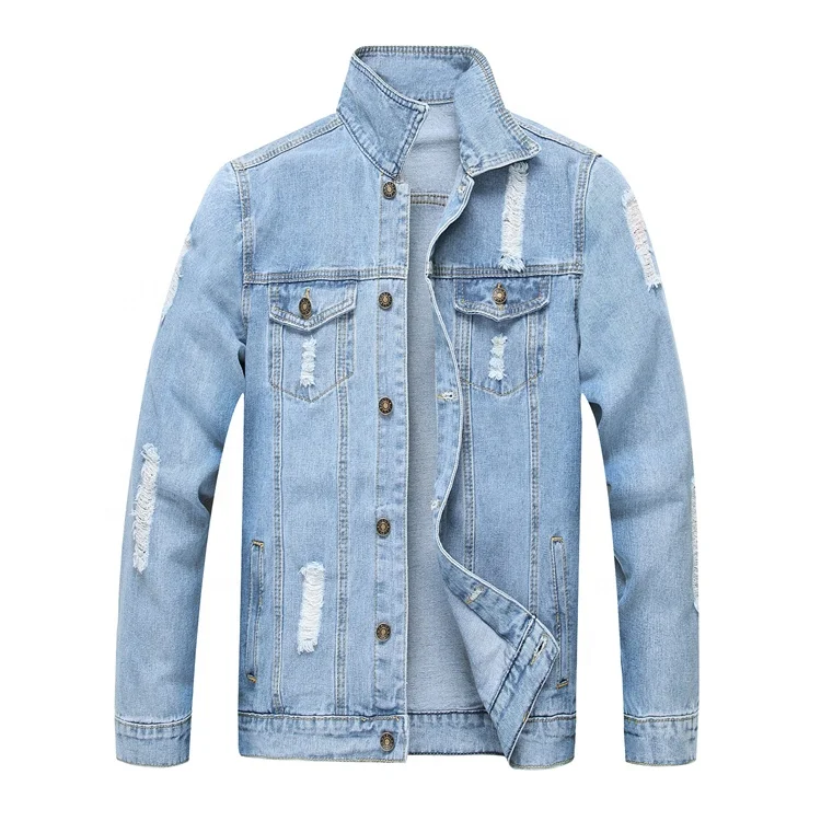 

China Factory Hot Sale Bulk Mens Light Blue Distressed Jean Denim Cotton Jacket With Holes