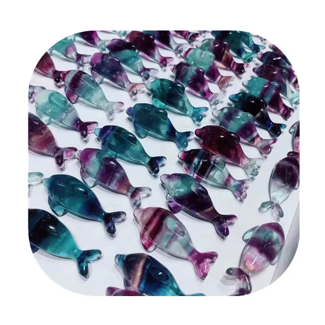 

New arrivals hand carved high quality crystal crafts natural rainbow fluorite carved Dolphin for gift