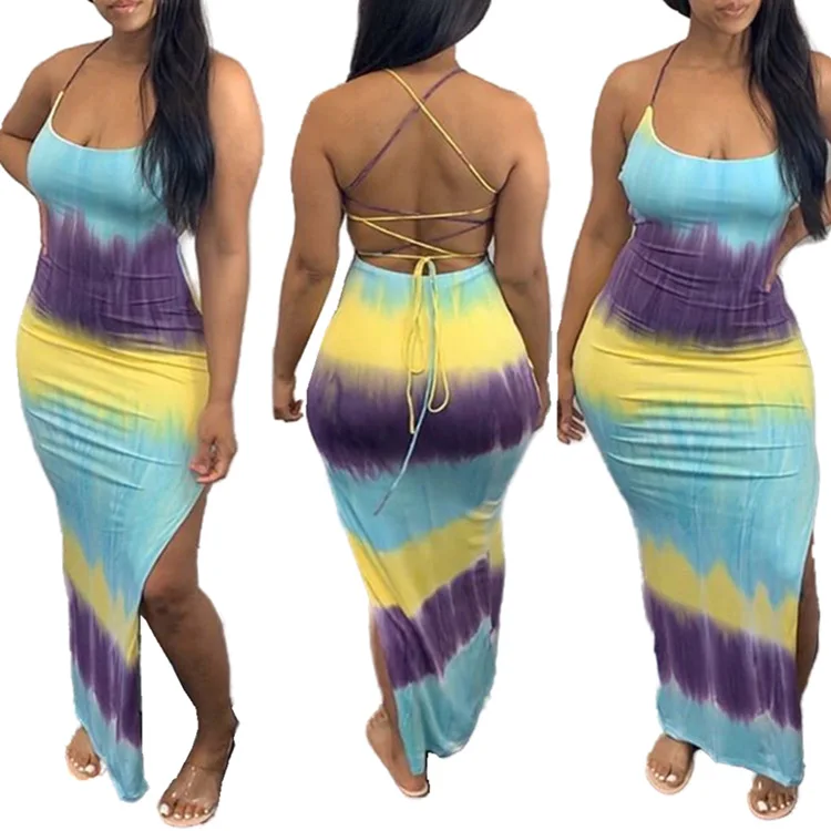 

GP6144 Ladies long sexy slip dress fashion tie dye spaghetti strap dress backless dress with high slit for women