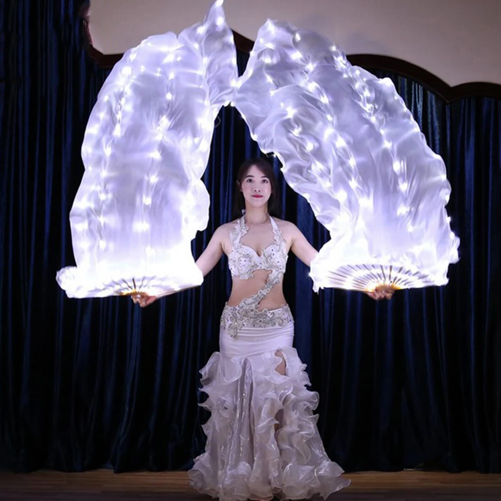

New Belly Dance Silk Fan Veil LED Fans Light up Shiny Pleated Carnival LED Fans Stage Performance Props Accessories Costume, Red