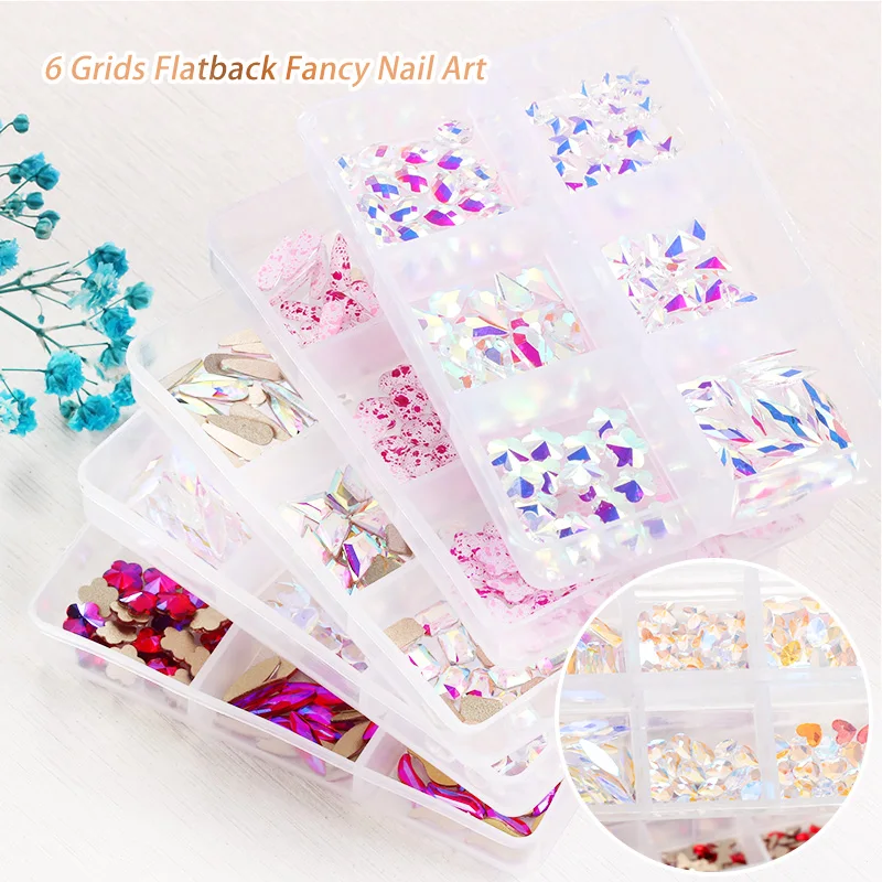 

Xichuan 6 grids 11 colors mixed shapes flatback jewelry crystal glass stones crafts press on nail art supplies box rhinestones