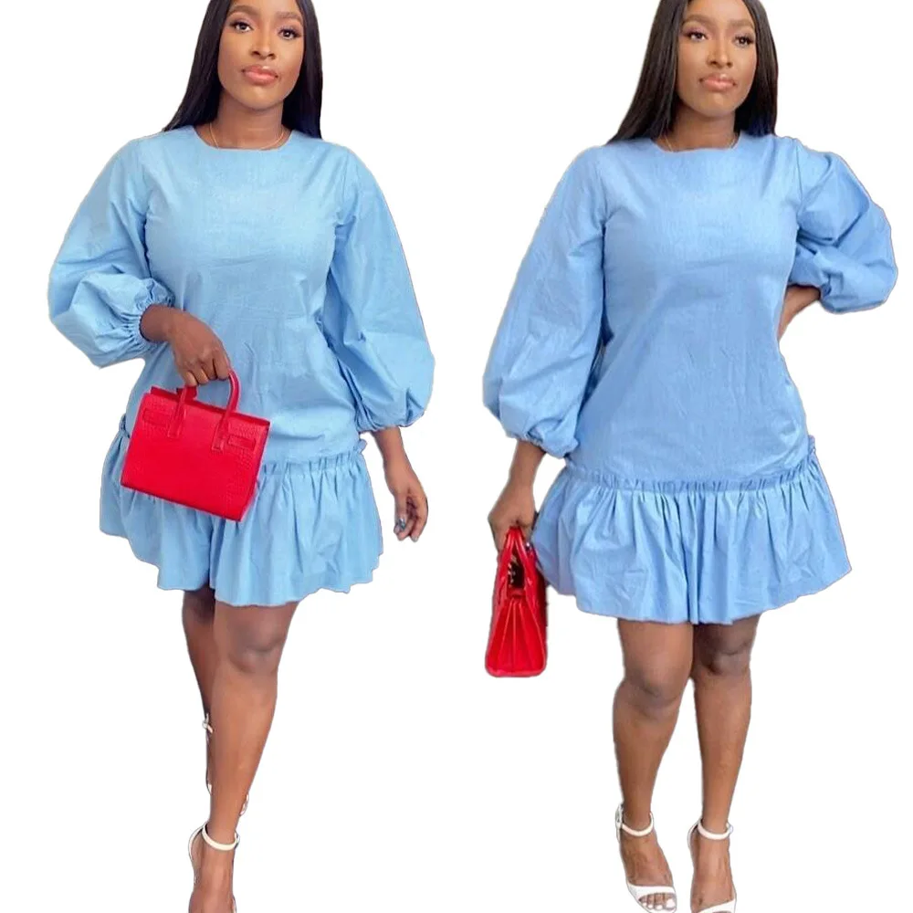 

2021 Summer Casual Loose Short Dress Women Elegant Cute Ruffles Puff Long Sleeve Plain Blue Dress