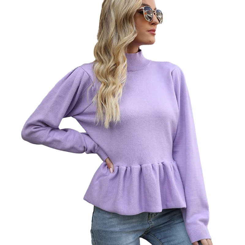 

2021 Autumn Solid Color Turtleneck Long Sleeve Ruffle Knit Pullover Sweaters Casual Women's Sweater Ladies Clothing, Pink,purple