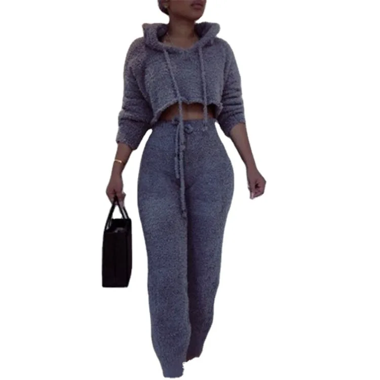 

2021 fall winter long sleeve casual cozy hoodie pajamas women cotton sleepwear knit fuzzy two piece lounge wear set