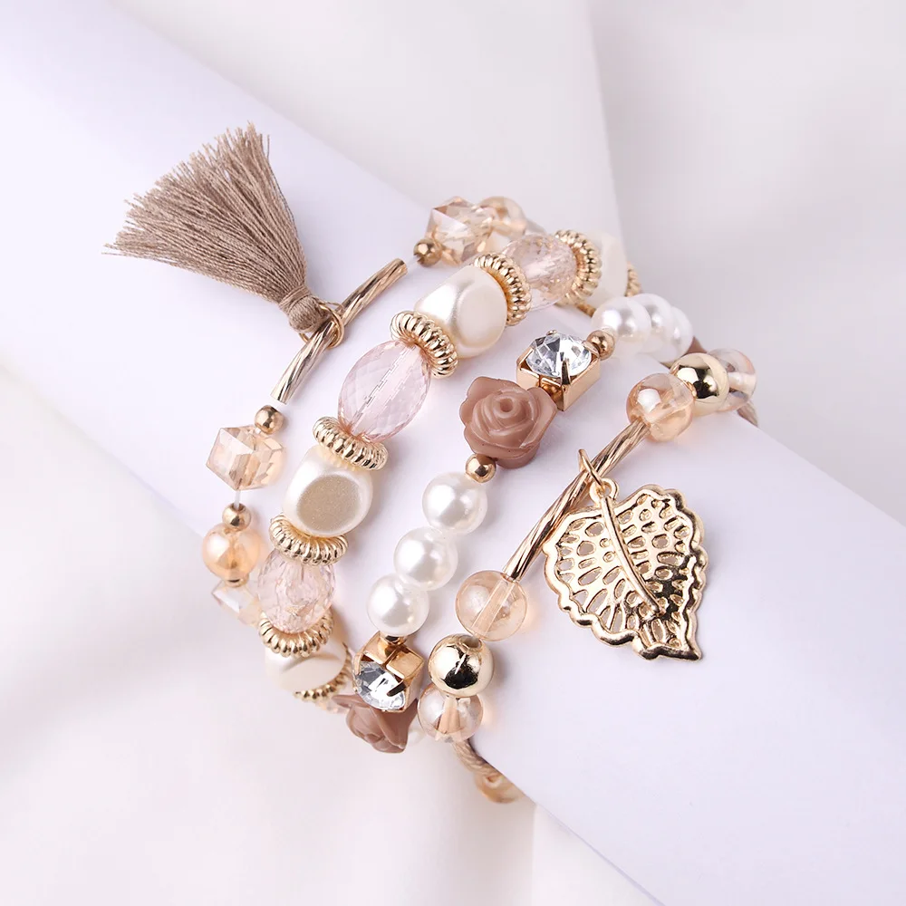 

4Pcs/Set Boho Handmade Bracelets Set For Women Pearl Multi-layer Bracelet Mini Gold Color Cube Beads Wristbands