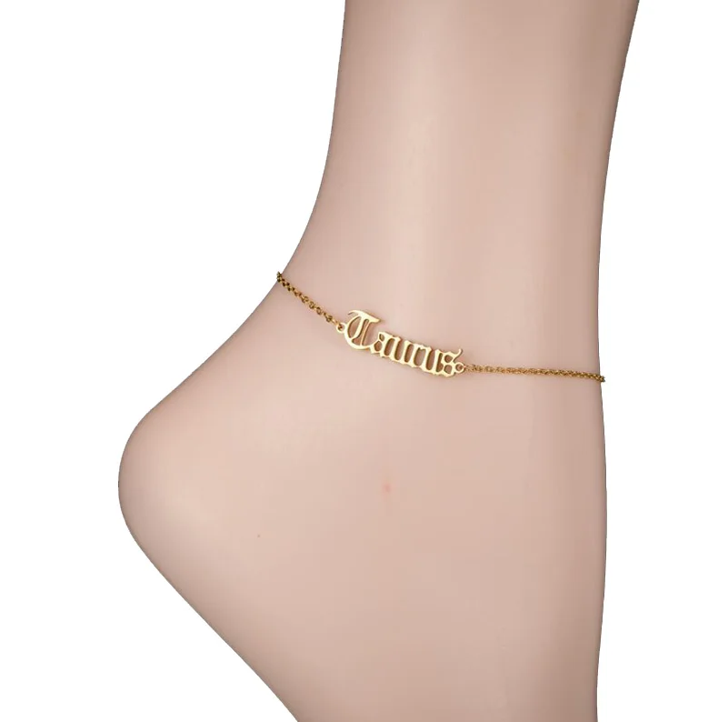 

Popular Birthday Gifts Stainless Steel Gold Plated Zodiac Word Anklet Men Women