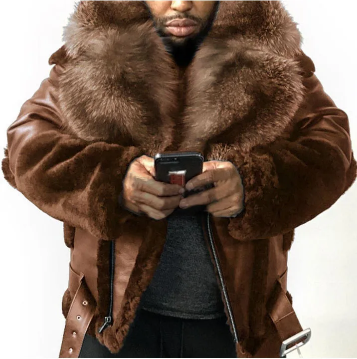 

Hot sale popular winter fashion men long thick fur coat jackets men's active wulful men's stand collar leather jacket motorcycle, Customized color