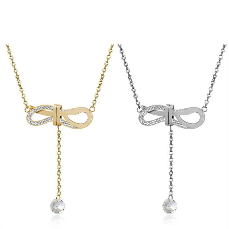 

Hot Sale Gold Plating Small Bowknot Crystal Zircon Jewelry Necklace For Refine Girls, Gold/rose gold/ black/steel
