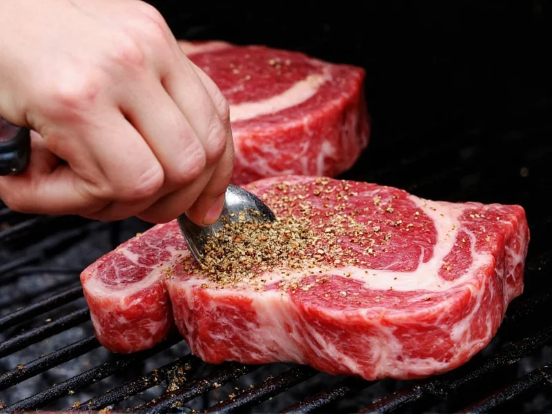 Applying homemade steak seasoning to ribeye before grilling