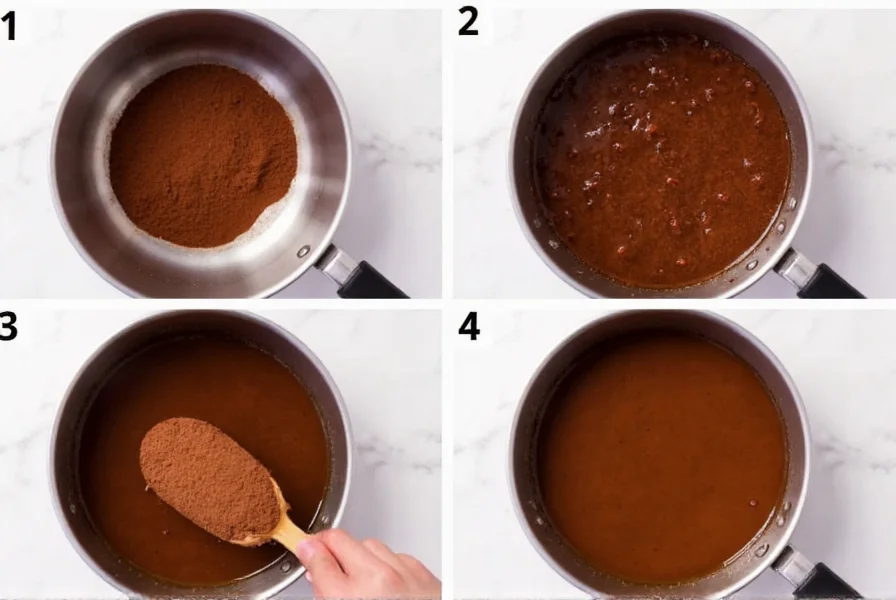 Step-by-step chocolate chili preparation showing blooming cocoa powder in broth