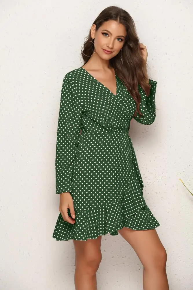 
D3411 Summer Polka Dot Lone Sleeve Womens Chiffon Casual Mini Dresses 