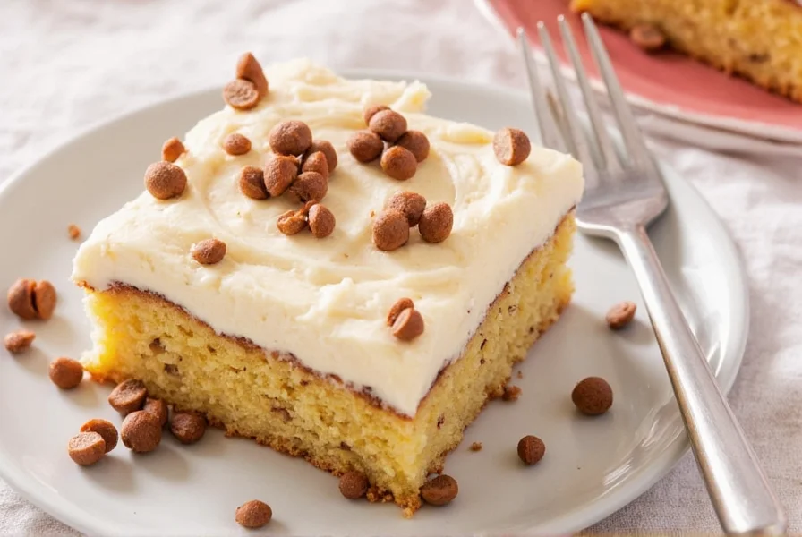 Moist cinnamon roll poke cake with cream cheese frosting and cinnamon swirls on white ceramic plate