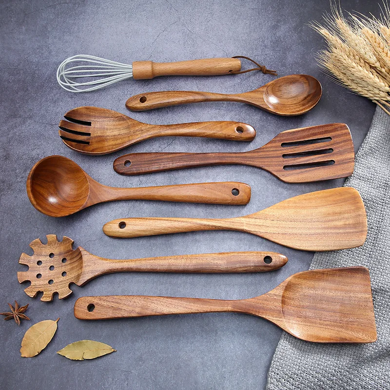 

New 8 Pcs Customized Household Teak Kitchen Utensils Soup Cooking Tool Spatula Non Stick Pot Bamboo Wooden Shovel Spoon Set, Bamboo color