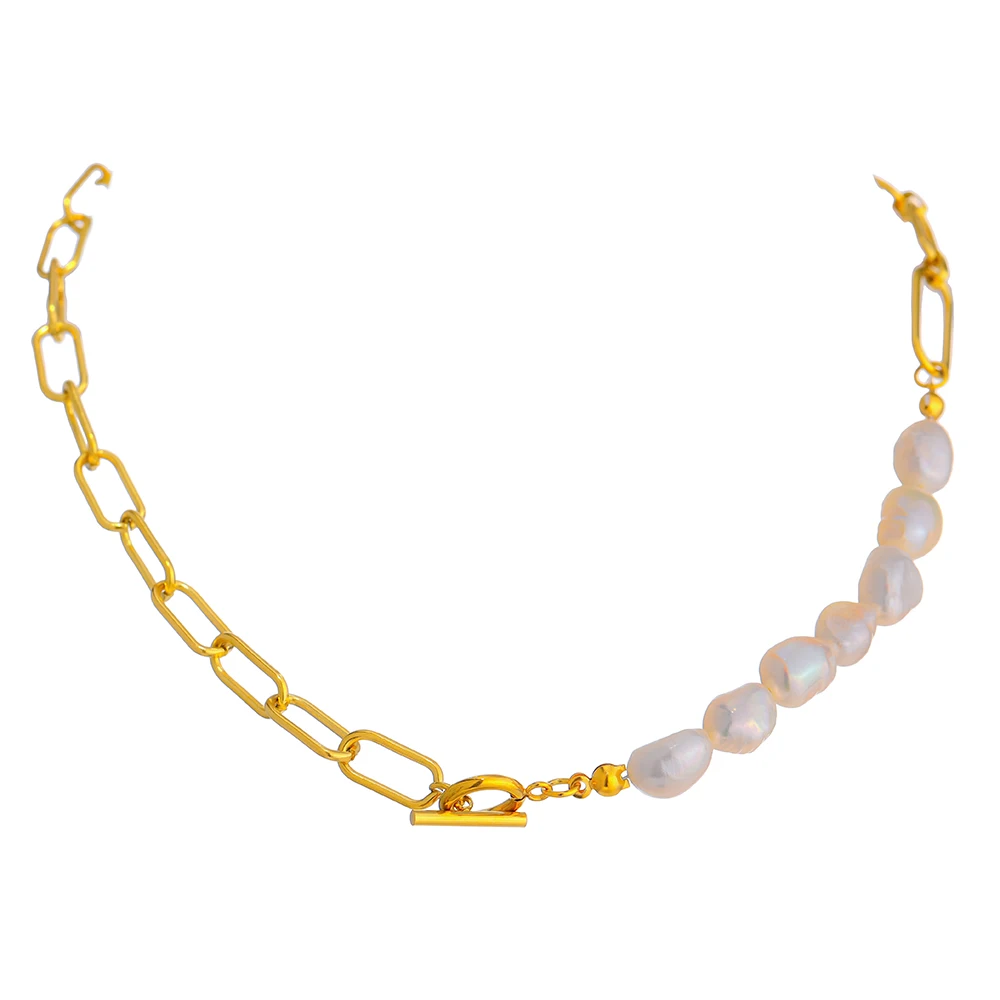 

JINYOU 1385 Elegant Freshwater Pearls Chain Necklaces Stainless Steel 18K Gold Plated Handmade Collar Necklace