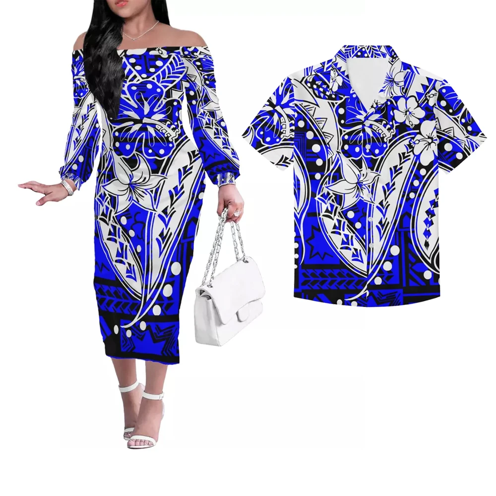 

Polynesian Tribal Style Samoan Pattern Design Couple Night Dress Strapless Skirt Short Sleeve Men's Shirt Big Size Wholesale, Customized color