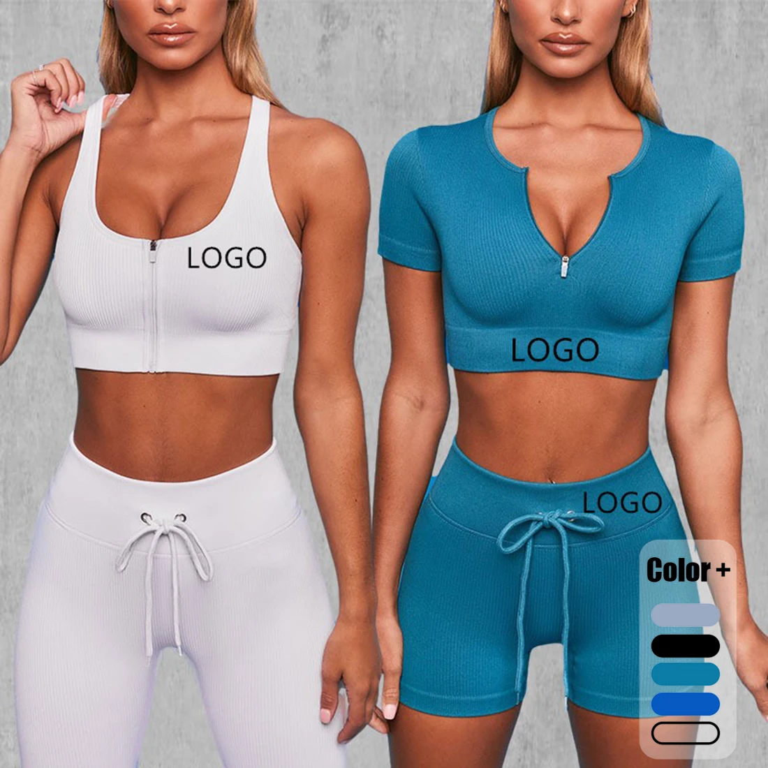 

4PCS Zipper Printed Yoga Set Women Crisscross Back Sportswear Workout Sports Suit Ladies Gym Clothing Fitness Leggings Set, Blue