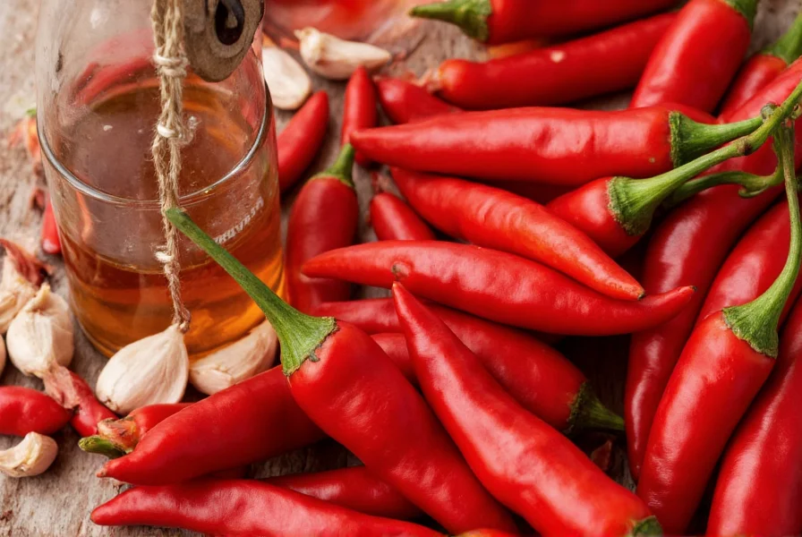 Close-up of red chili peppers, garlic cloves, and vinegar bottles arranged for making authentic red chili sauce