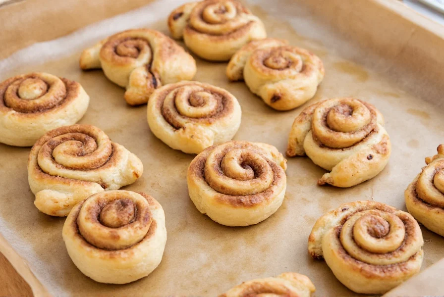 Homemade Swedish cinnamon buns arranged on baking sheet before oven, showing coiled dough with cinnamon filling