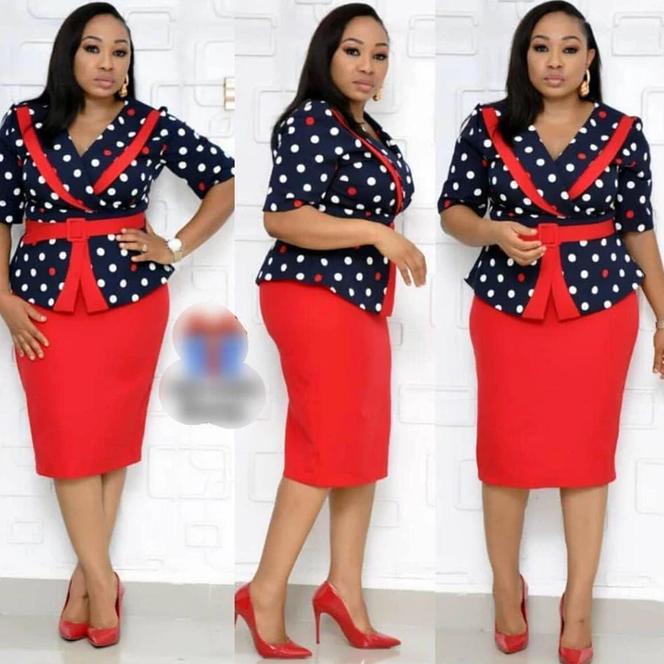 

HJ AADR05 New Arrival 2021 African Ladies Office Skirt Women Dots Suits Two Piece Dress Set