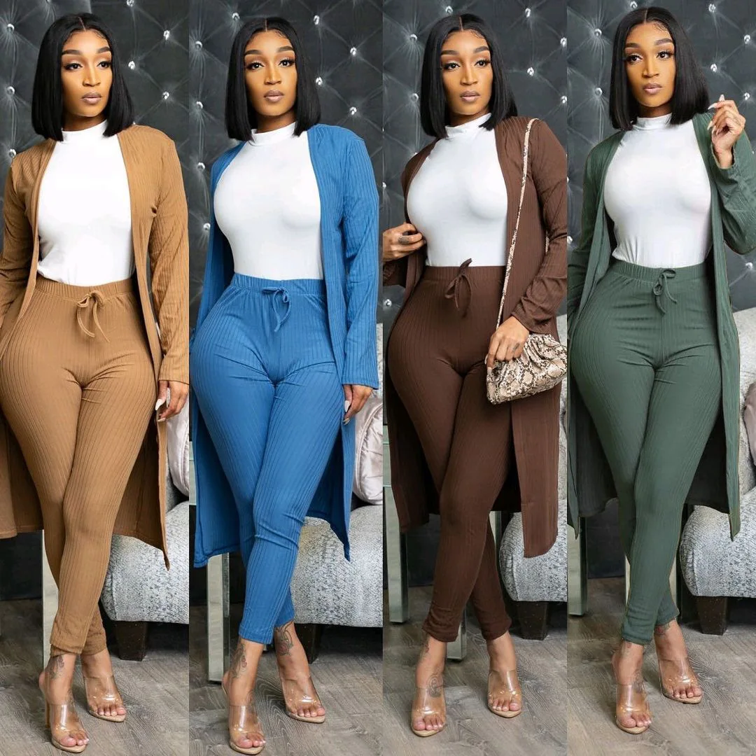 

fall 2021 women clothes Fashion casual Ribbed knit pit strip cardigan coat two piece pants set women, Picture color