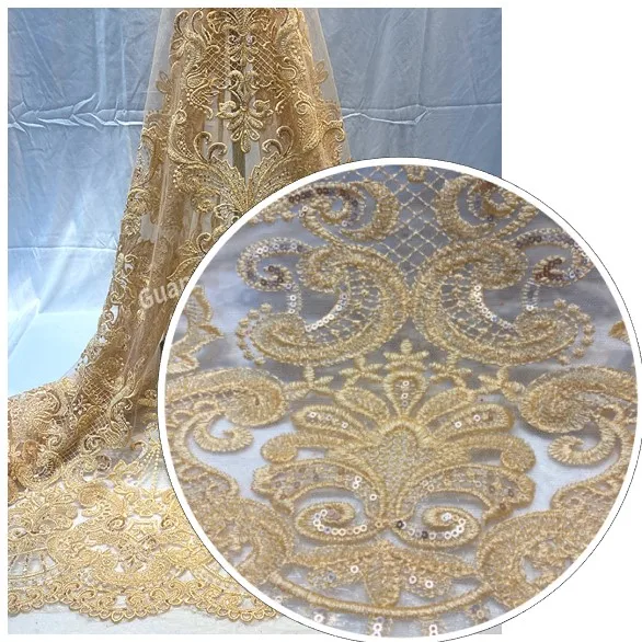 

Skillfull Manufacture French Lace Fabric Beaded Lace Fabric for Marriage GY875, Multicolor