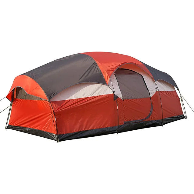 

6-8 Person Large Family Camping Tent With 3 Rooms, Green/orange red