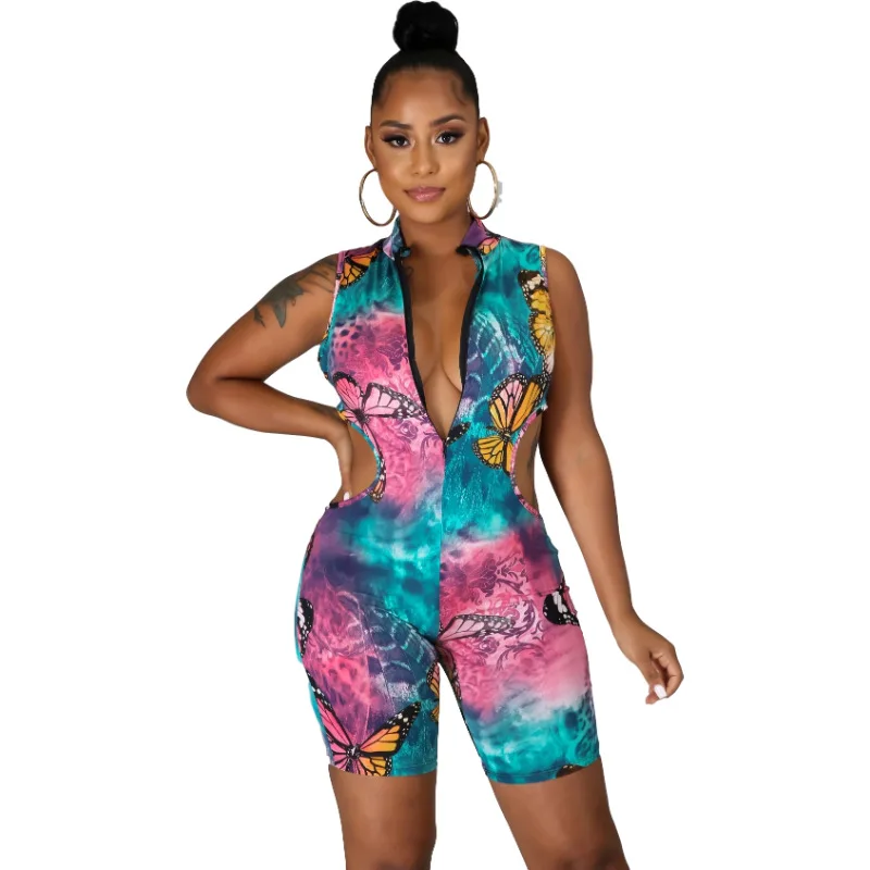 

S268 Summer Butterfly Print Women Clothing One Piece Jumpsuit Stacked Pants Hollow Out Rompers Jumper Suit For Women