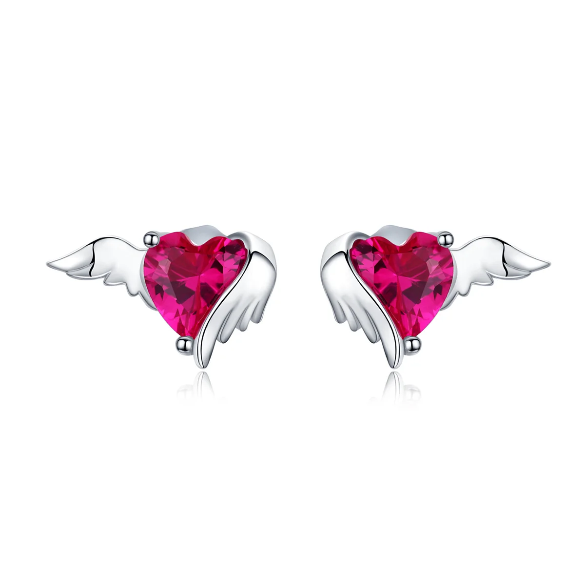 

Flying heart with rose red CZ 925 sterling silver earring studs