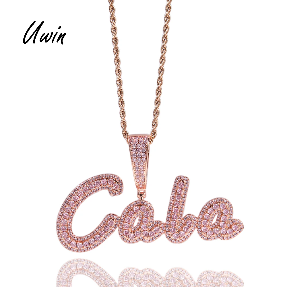 

Customised Brush Cursive Letter Pendant Name Necklace BaguetteChain Micro Paved CZ Personalized Hiphop Jewelry