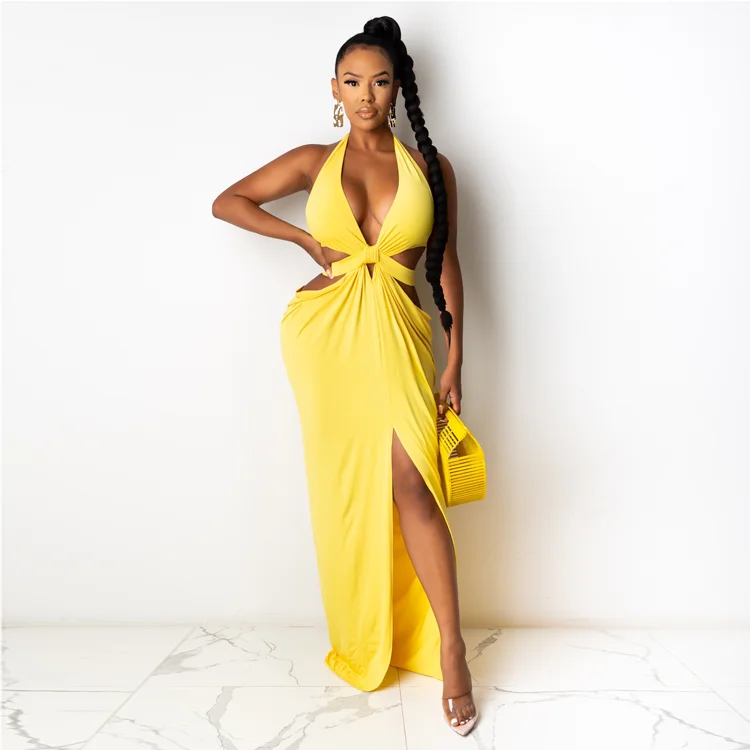 

Fashion Sexy Yellow Halter Knotted Split Sumer Women Party Solid Color Hollow Out Dresses Maxi Sleeveless Clubwear, Yellow/blue/orange